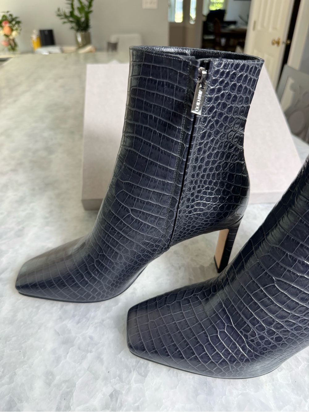 NEW Jimmy Choo Minori Croc-Embossed Ankle Boots in Dusk Blue
